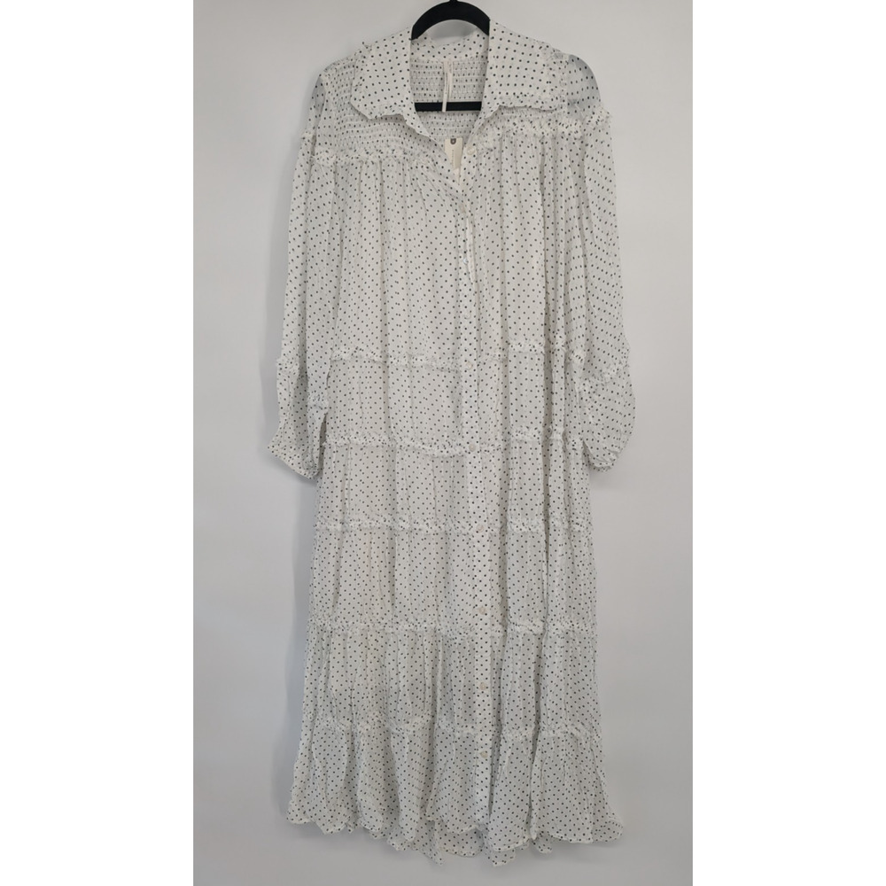 NWT By Anthropologie Long-Sleeve Smocked Tiered Maxi Dress Sz M Polka Dot #7H461 - Picture 2 of 10